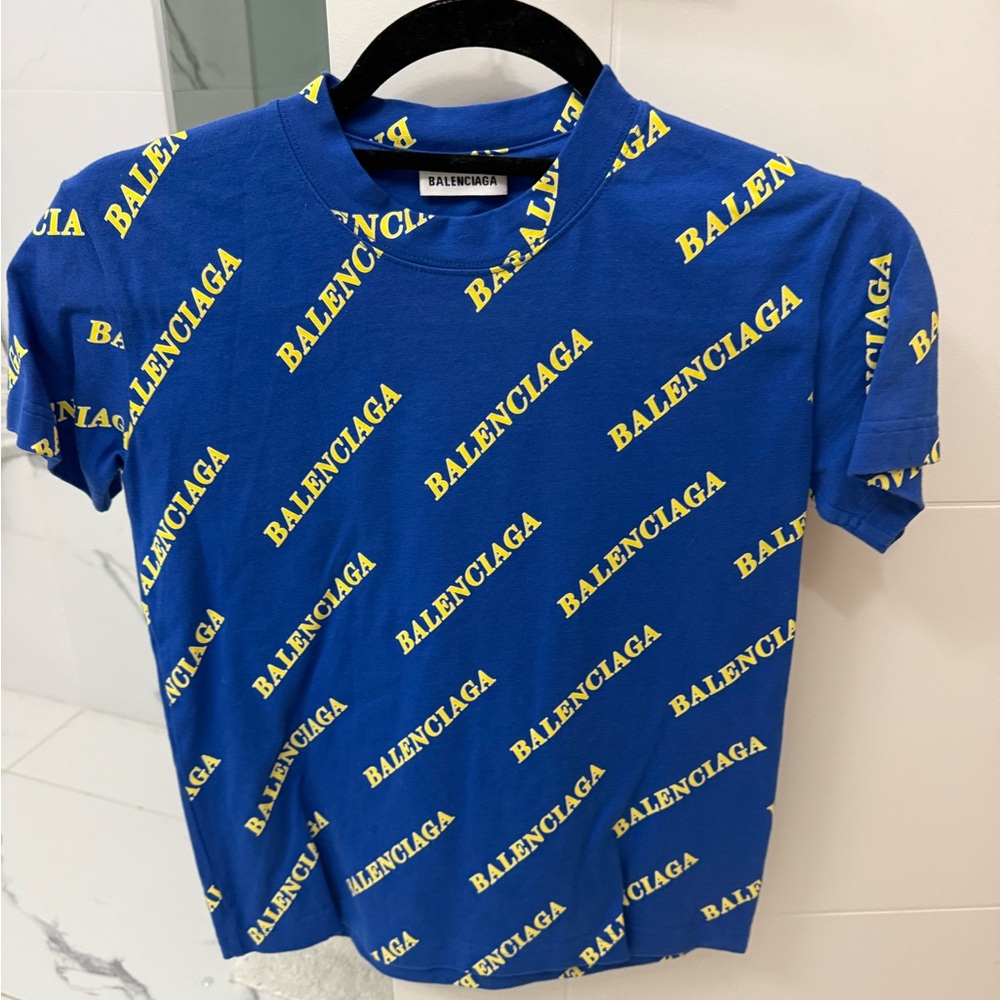 Balenciaga Blue and Yellow Logo Short Sleeve Tee